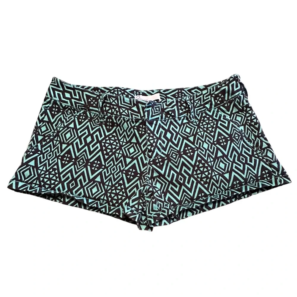 Empyre Womens Size 9 Geometric‎ Print Shorts Teal Black Cotton Stretch
